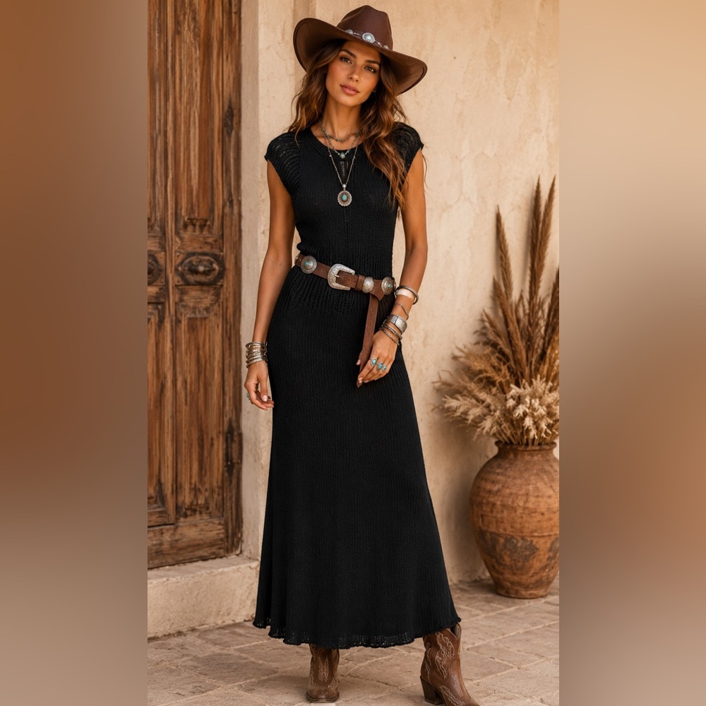 Sage The Label Black Open Knit Crochet Maxi Dress Swim Cover Up Festival XL Boho